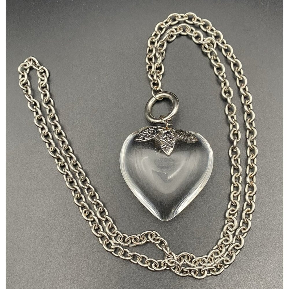 Vintage Clear Lucite Heart Pendant Necklace Silver Tone Leaf Cap Chain Retro 70s